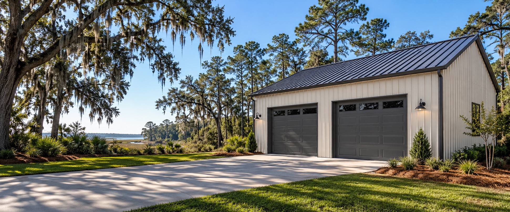 Illustrative cream metal garage with two charcoal doors beneath South Carolina live oaks