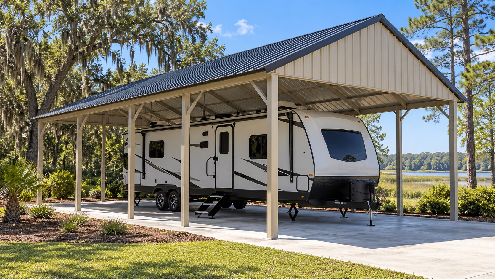 Illustrative open-sided metal cover sheltering a travel trailer