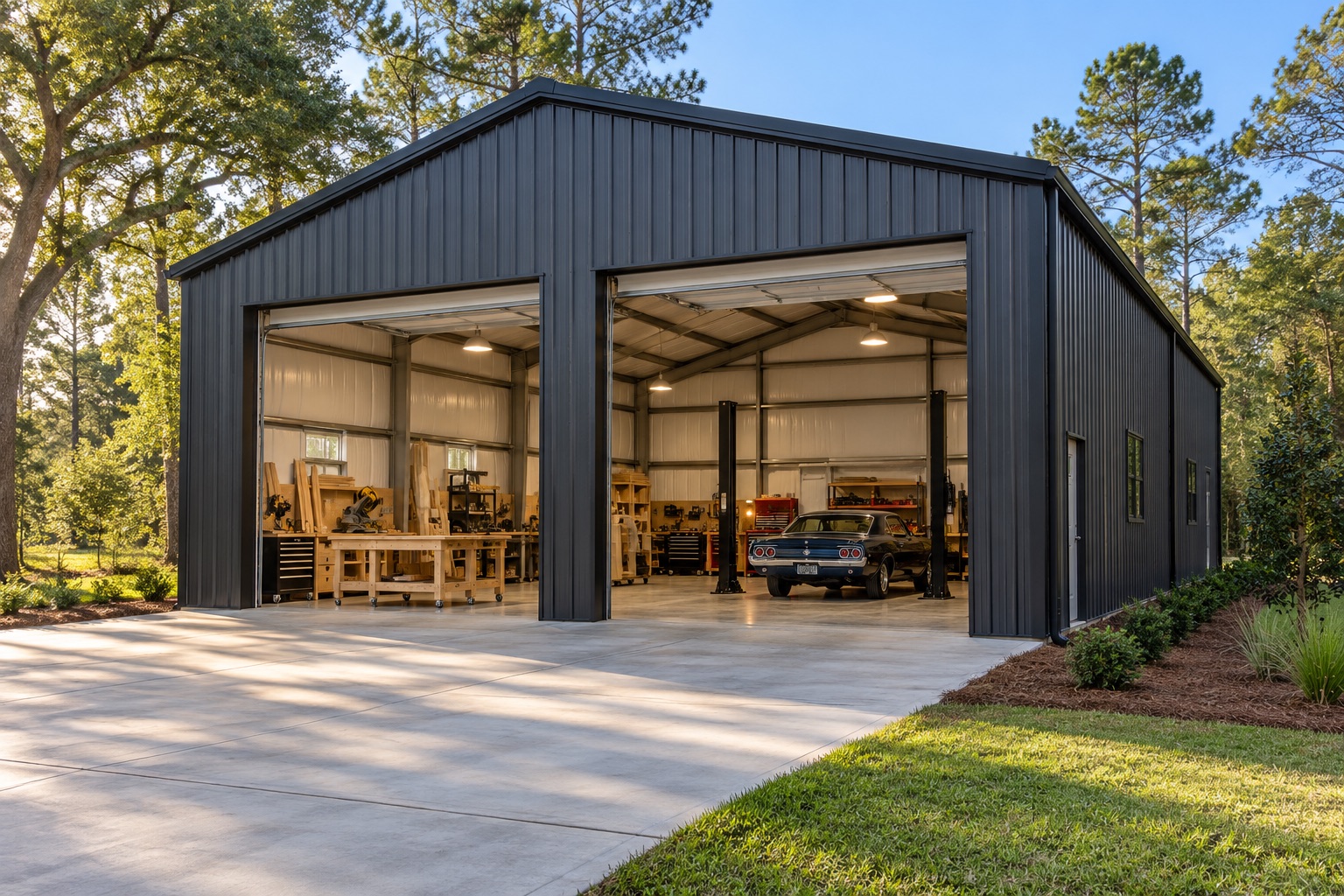 Illustrative charcoal metal workshop with open work bays